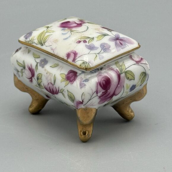 Vtg Footed Rectangle Trinket Box Lid Floral Vanity Glam Victorian Porcelain B141 - Picture 5 of 13